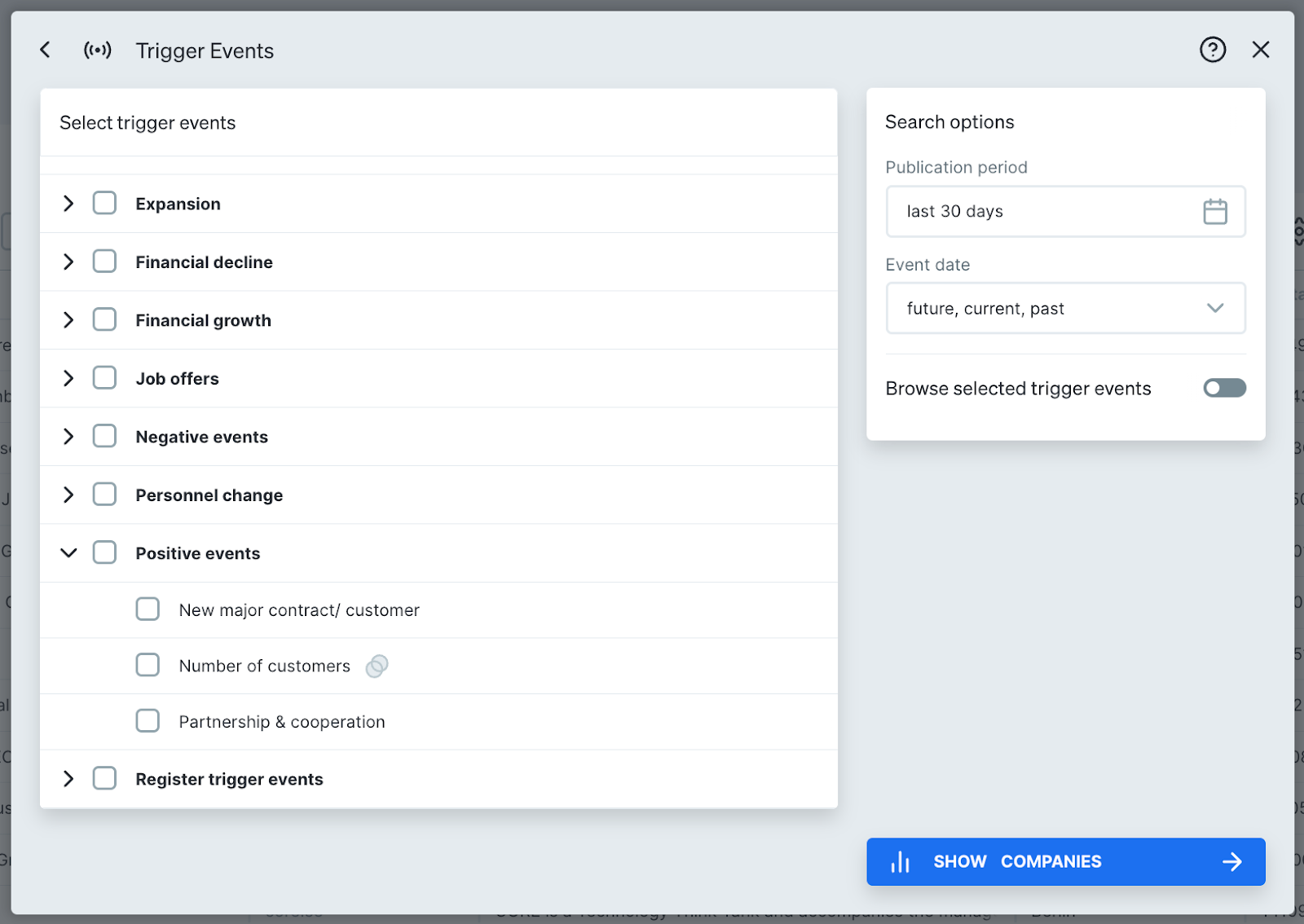 Trigger events filter in Dealfront Target