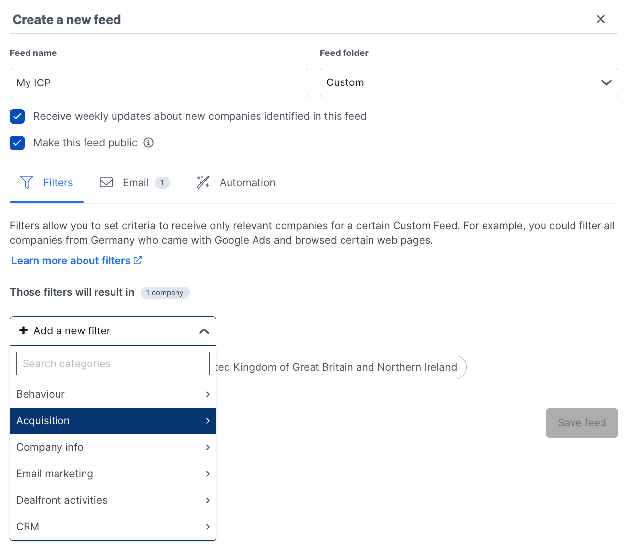 Custom Feed Filters in Dealfront