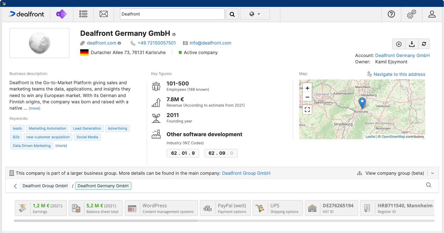 360° Firmenprofil am Beispiel von Dealfront Germany