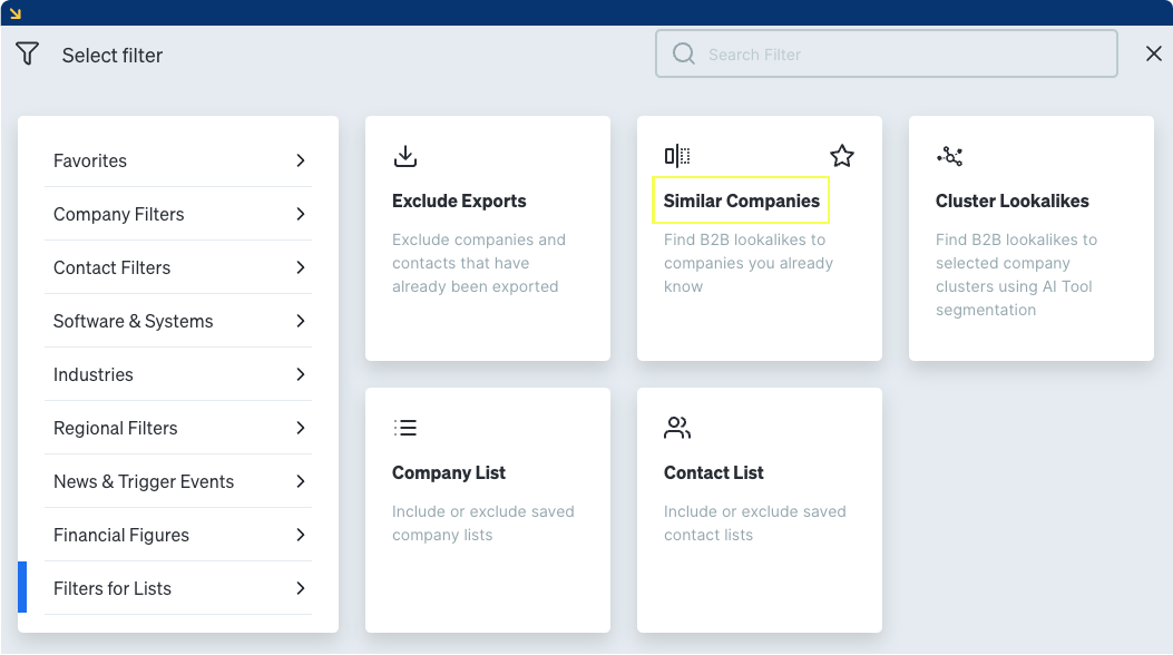 Similar companies search in Dealfront Target