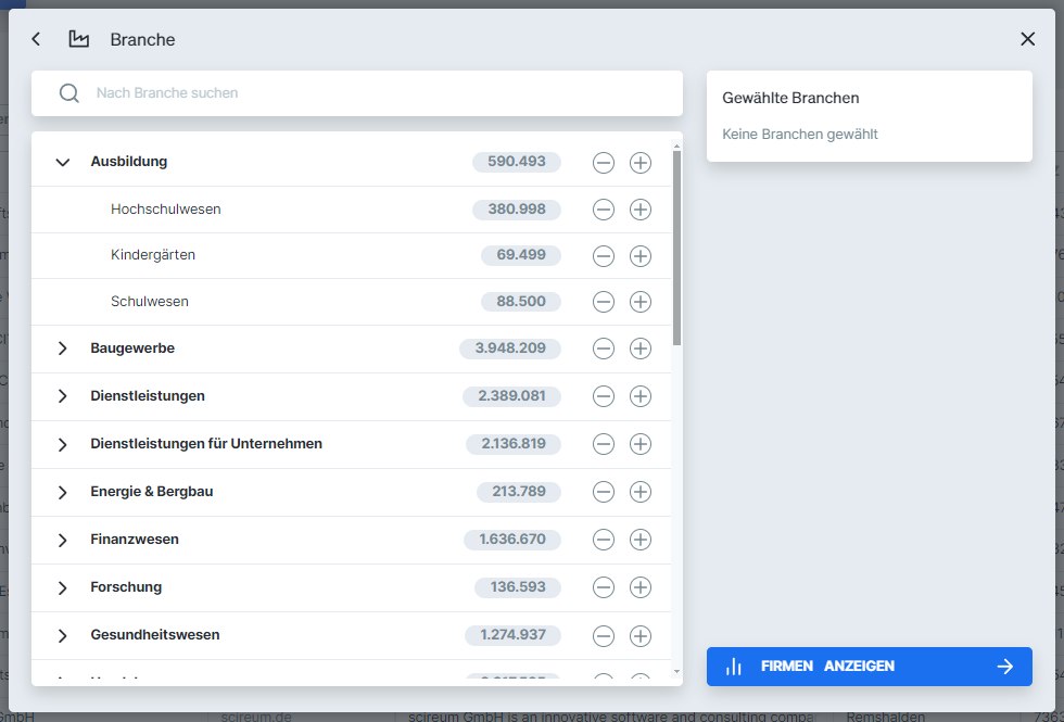 Branchenfilter Suche in Dealfront Target