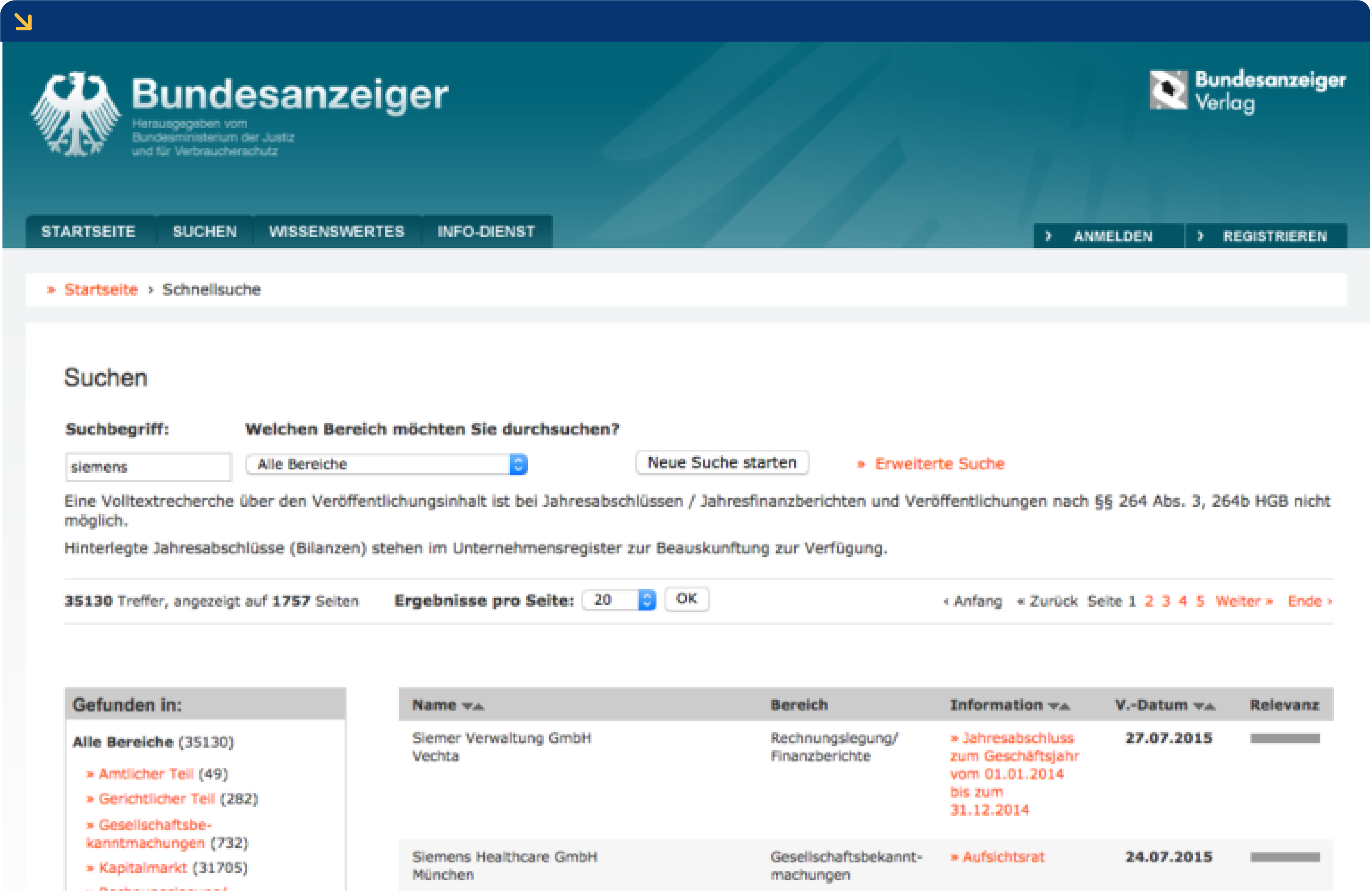 Seite im Bundesanzeiger am Beispiel Siemens, Quelle: www.gmbh-guide.de