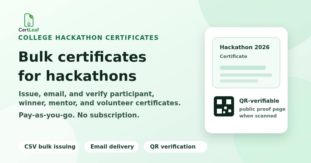 Hackathon certificate generator for colleges — bulk certificates with email delivery and QR verification using CertLeaf