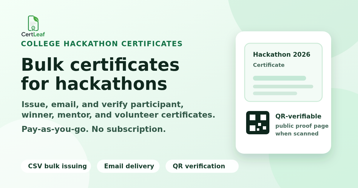 Hackathon certificate generator for colleges — bulk certificates with email delivery and QR verification using CertLeaf
