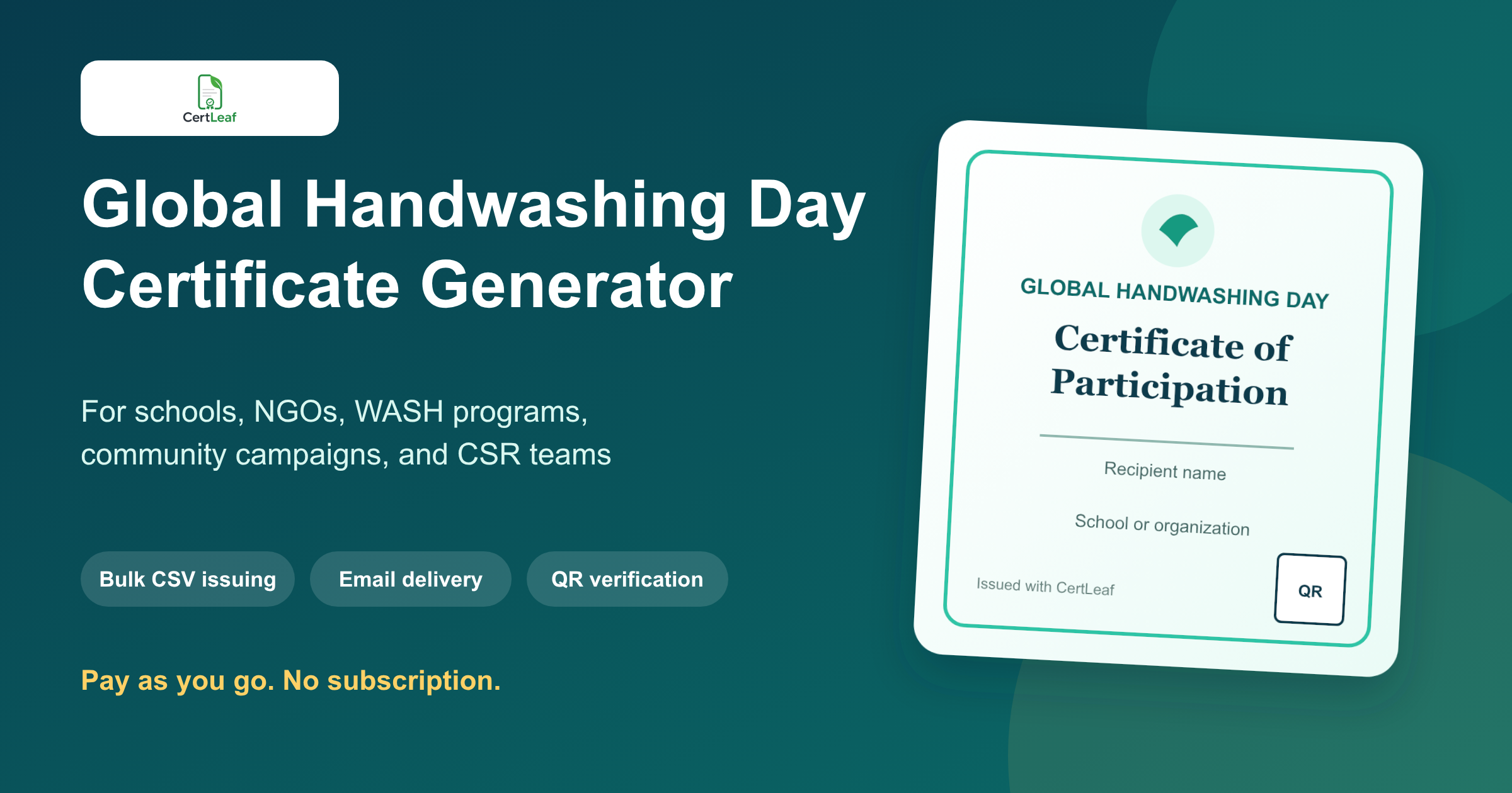 Global Handwashing Day certificate generator for schools and NGOs