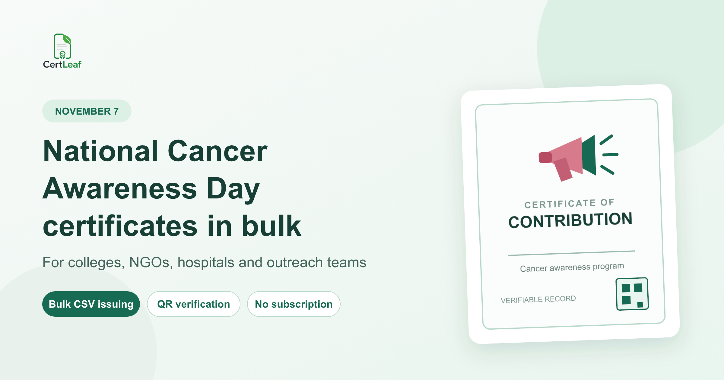 National Cancer Awareness Day certificate generator for colleges, NGOs, and hospitals