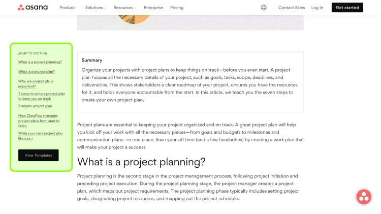 Asana Article with Table of Contents