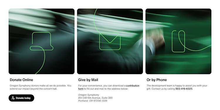 Three-panel donation section for Oregon Symphony. Each panel features a minimalist green line icon against a dynamic, blurred green background. The panels show donation options: 'Donate Online' with a top hat icon and donate button, 'Give by Mail' with an envelope icon and mailing address, and 'Or by Phone' with a phone icon and contact number 503-416-6325. The design emphasizes multiple convenient ways to support the symphony.