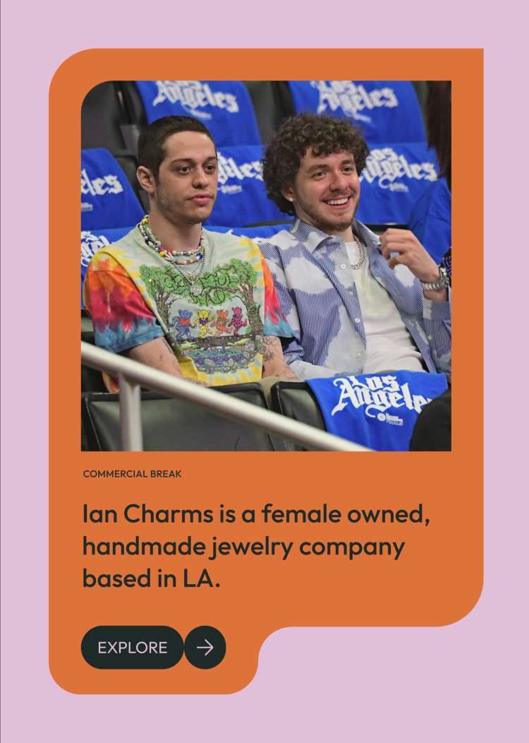 Screenshot of blog post titled: Ian Charms is a female owned handmade jewlery company based in LA with a featured image of Pete Davidson and a friend sitting at a basketball game