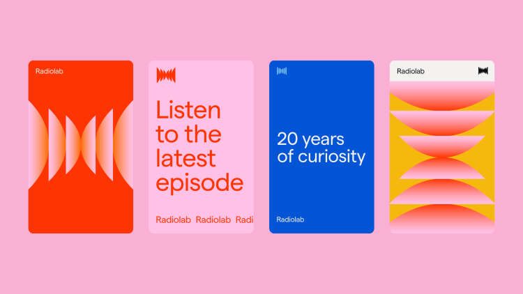 4 mockups of different Radiolab podcast cards on a pink background