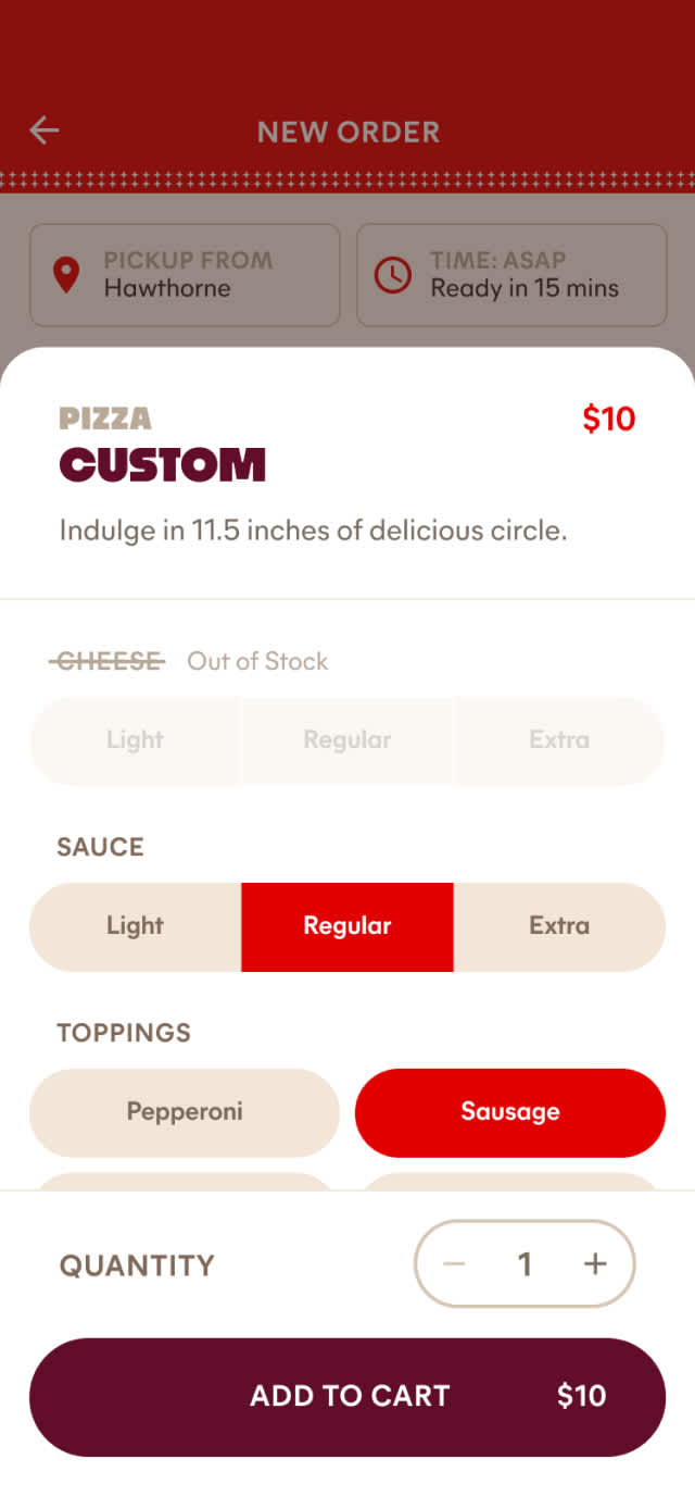 A screenshot of the custom ordering process on the mobile app