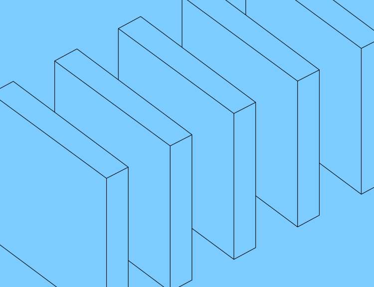 five thin, flat, line-art boxes are lined up like dominoes on a blue background