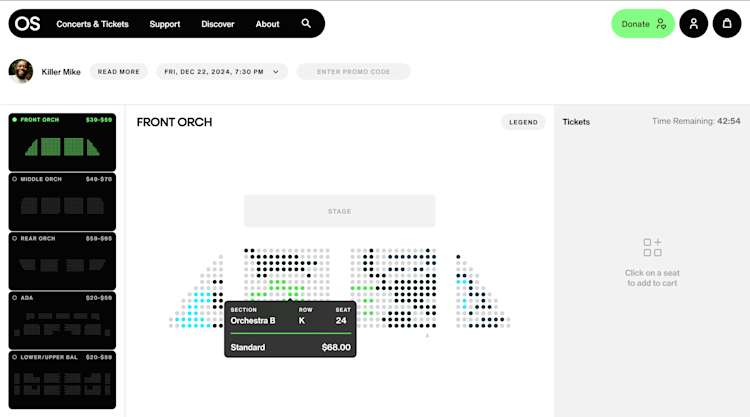 Concert venue seating chart interface showing various sections including Front, Middle, and Rear Orchestra, ADA seating, and Balcony levels. An interactive seat map displays available and unavailable seats as dots, with a selected seat in Orchestra B, Row K highlighted showing the price. Price ranges for different sections are listed on the left. A timer shows how many minutes are remaining to complete the purchase.