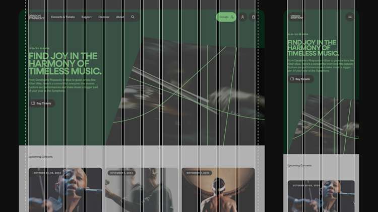 Oregon Symphony website homepage. Features a dark background with orchestral instruments and green text reading 'FIND JOY IN THE HARMONY OF TIMELESS MUSIC.' Navigation menu and upcoming concerts section visible, with a prominent 'Buy Tickets' button. The design uses a dark green and black color scheme with white accents. A semi transparent grid is overlaid on the image to show the design of the grid system.