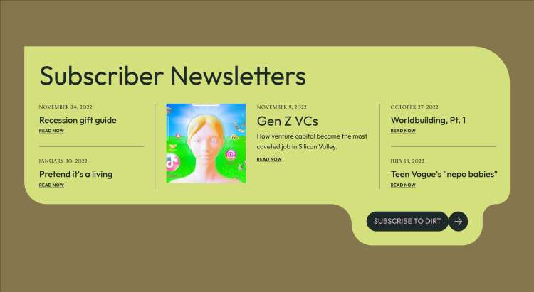 Screenshot of featured subscriber blog posts that reads: Gen Z VCs, Recession Gift Guide and others