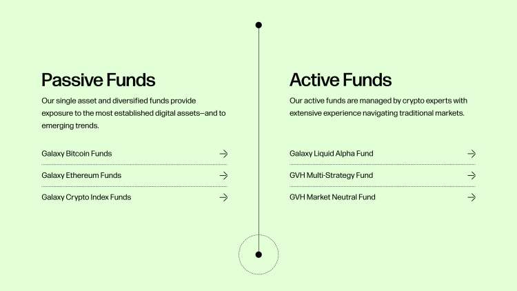 screenshot of the Galaxy passive funds vs active funds descriptions
