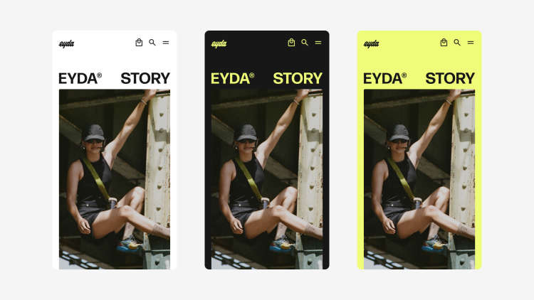 Multiple color variants of the EYDA website on mobile