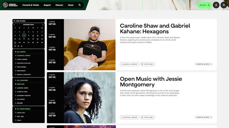 Oregon Symphony calendar event listing page featuring upcoming performances. The page includes a calendar interface and filters on the left. Each event displays multiple show dates, times, and venue information, with 'Tickets & Info' buttons.