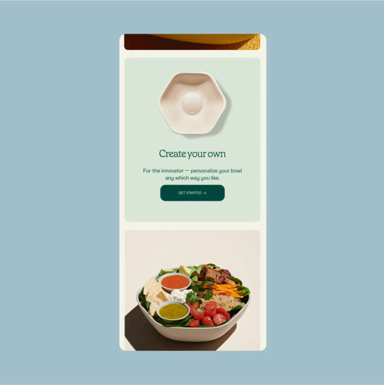 A mobile screenshot of sweetgreen menu cards