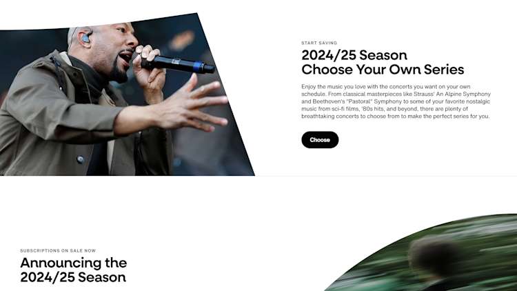 A promotional image for the concert season. On the left, a performer sings passionately into a microphone while wearing a khaki jacket and in-ear monitors. On the right, white text announces 'Choose Your Own Series' with details about classical and contemporary music offerings.