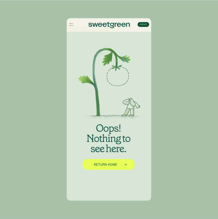 A screenshot of the sweetgreen 404 page