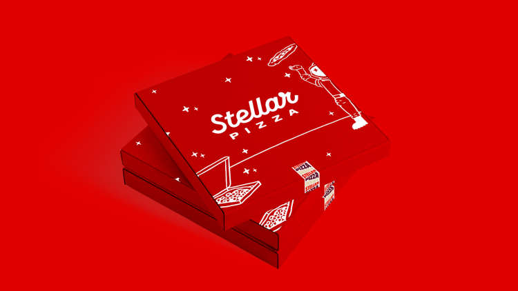 A product photo of the stellar pizza boxes with a red background