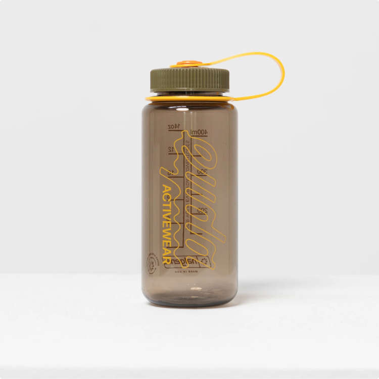 A translucent brown EYDA water bottle