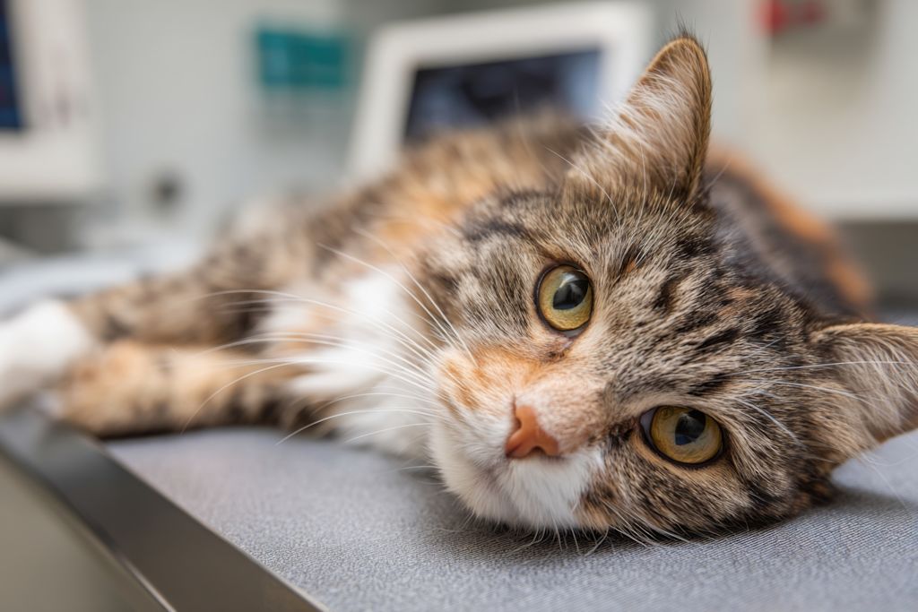 chat tricolore allonge veterinaire