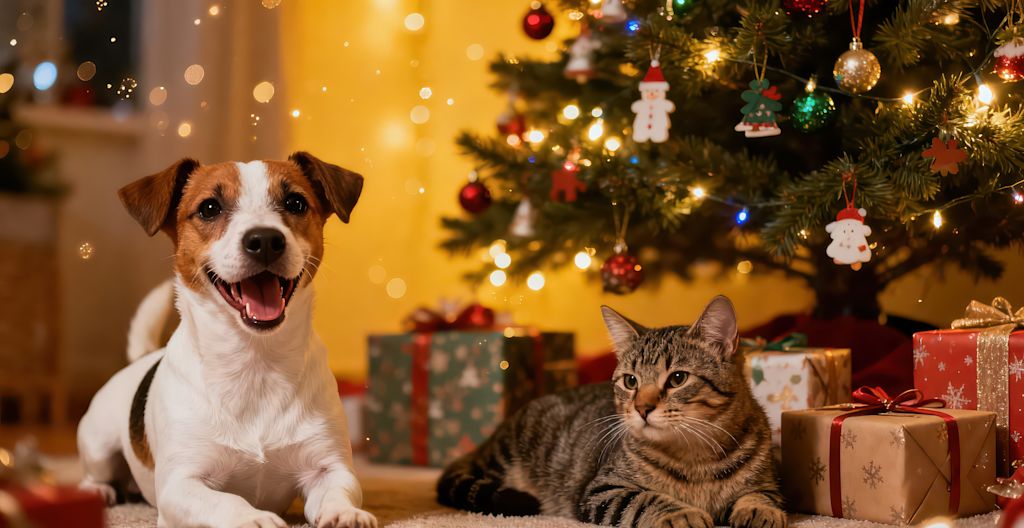Chat et Chien près du sapin de noël