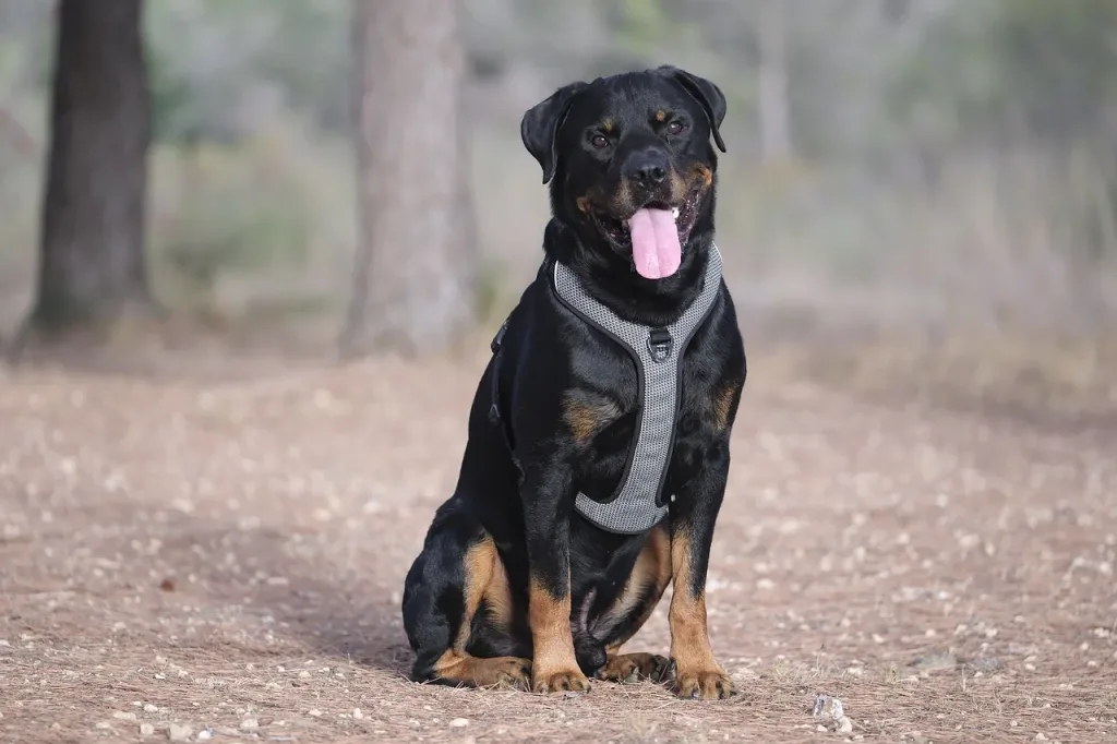 rottweiler assis avec harnais