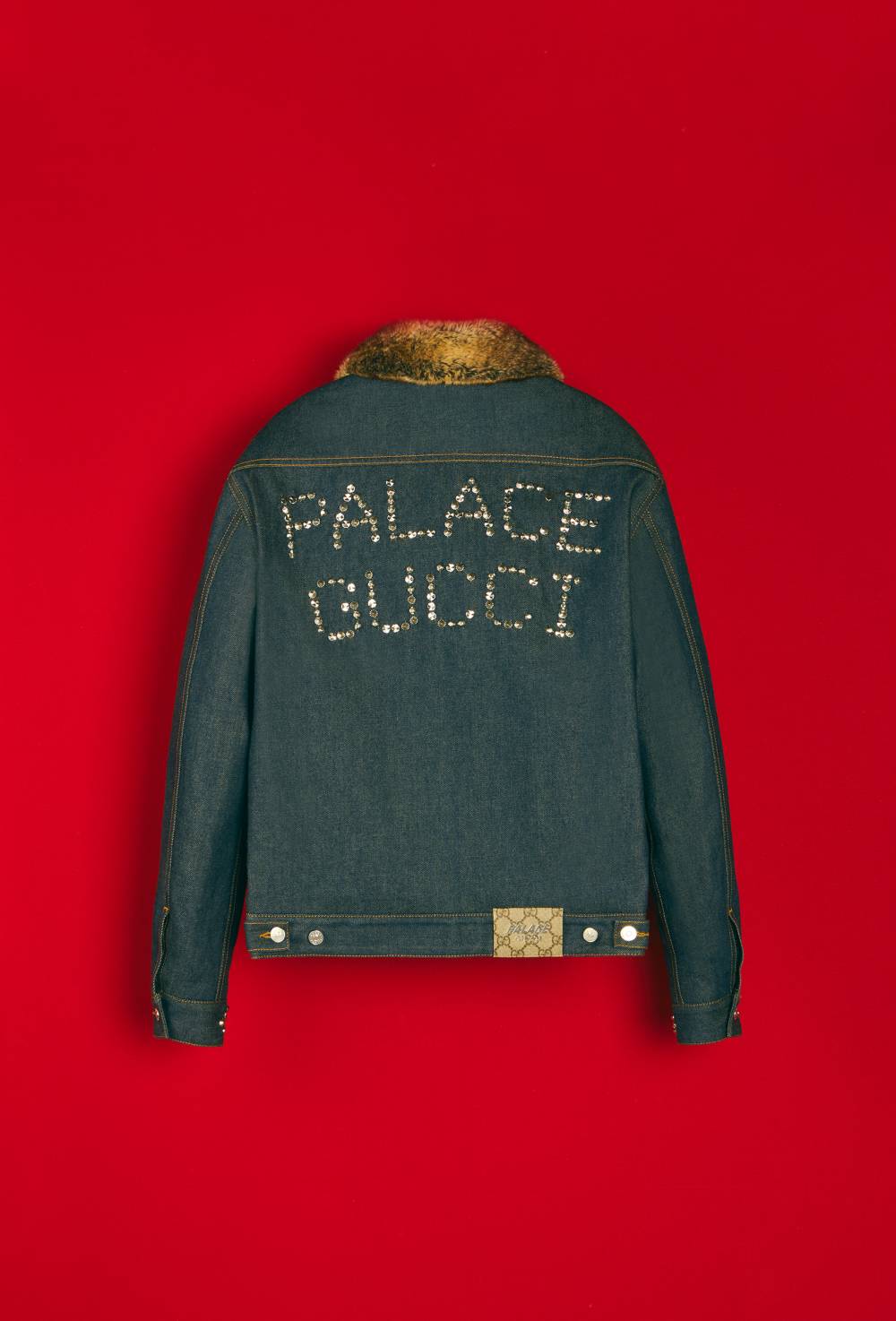 Denim jacket with faux fur, crystals and studs details by Palace Gucci image #2