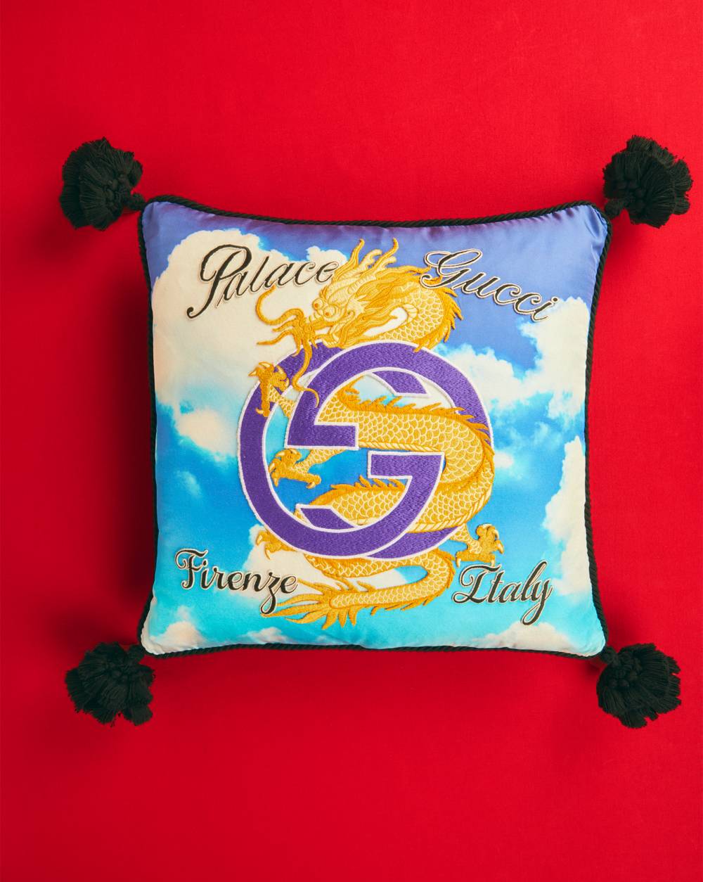 Printed silk pillow with patches by Palace Gucci