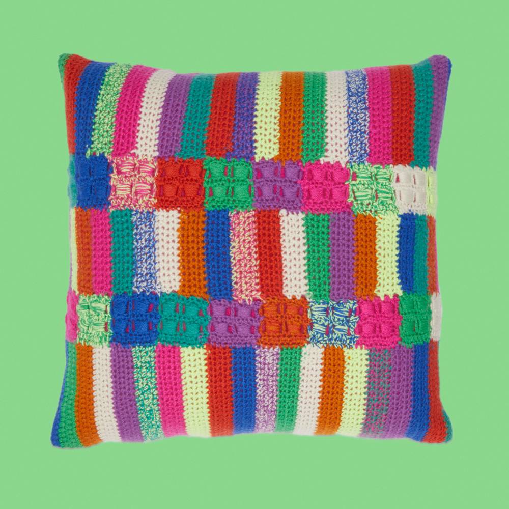 Check stripe crochet pillow by The Elder Statesman 
