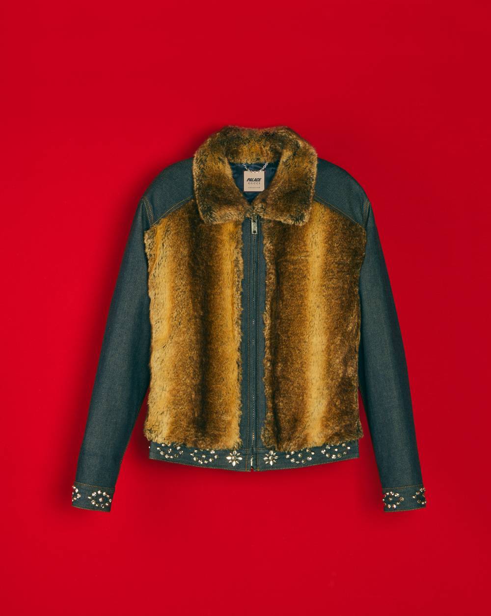 Denim jacket with faux fur, crystals and studs details by Palace Gucci