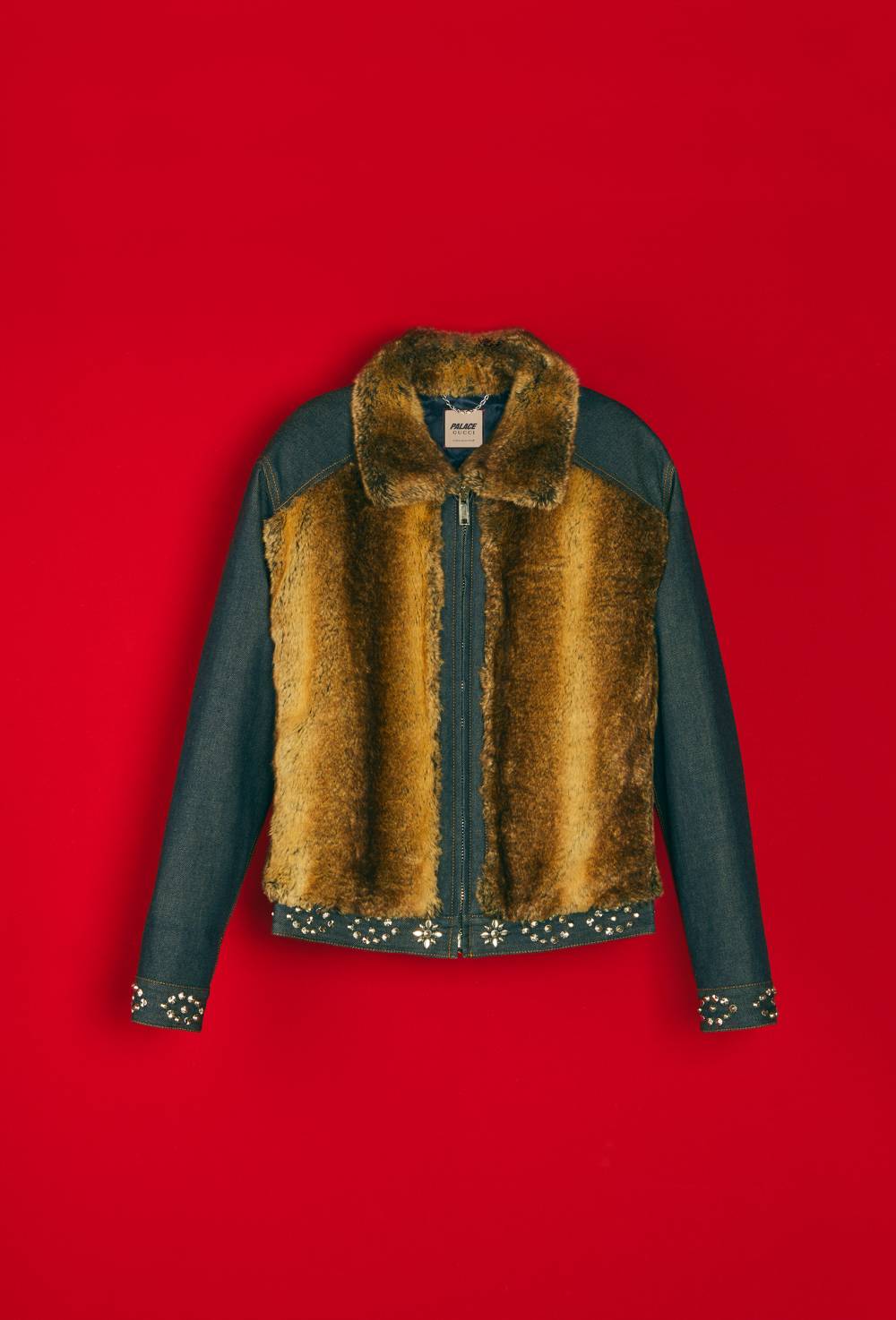 Denim jacket with faux fur, crystals and studs details by Palace Gucci image #1