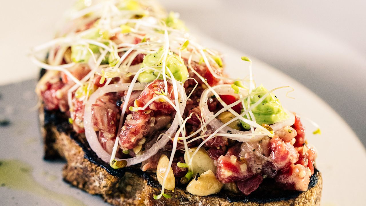 Chris Cosentino's Wagyu Tenderloin Tartare, Sprouts and "Hayaioli"