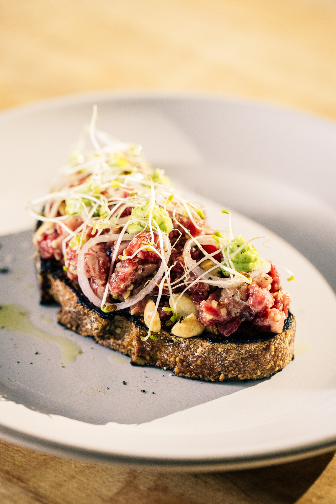 Chris Cosentino's Wagyu Tenderloin Tartare, Sprouts and "Hayaioli"