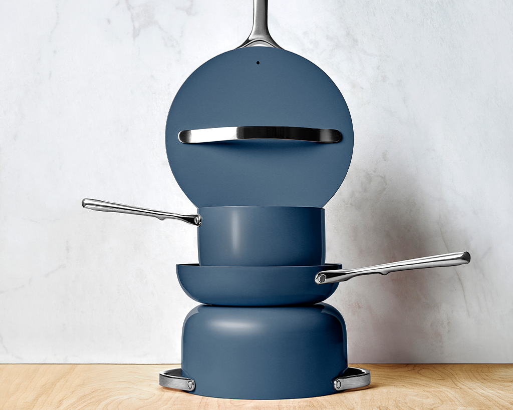 Neatly stacked non-teflon pans for a clean kitchen