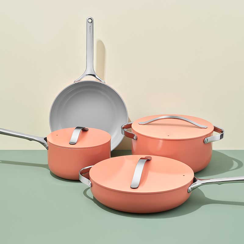 Caraway Non-Toxic and Non-Stick Cookware Set in Emerald with Copper Handles