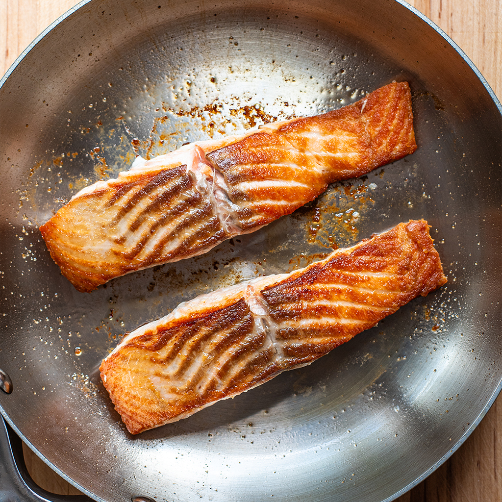 Searing Fish In Stainless Steel Pan