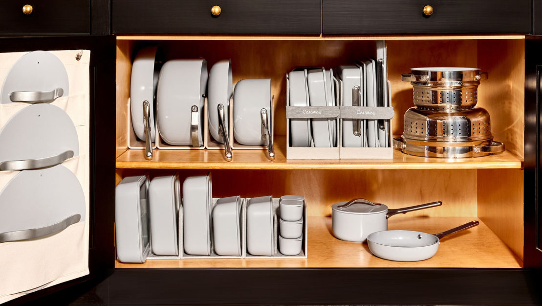 Cookware Set - Bakeware Set - Food Storage Set - Gray - Lifestyle Storage in Cabinet