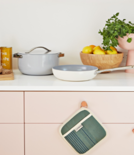 Caraways dutch oven and fry pan displayed on a counter top. 