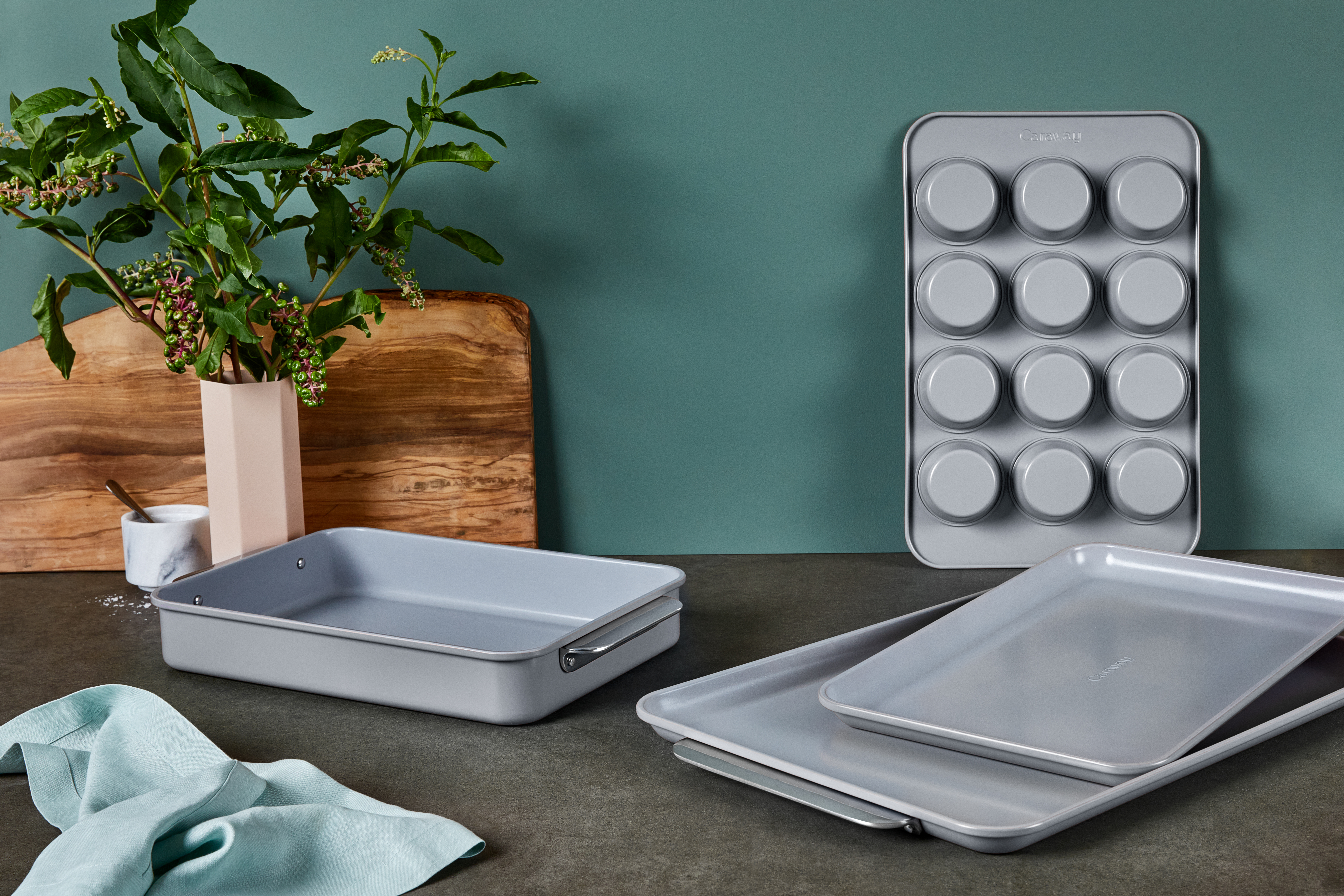 The half bakeware set featuring oven trays, baking sheets, and muffin pans