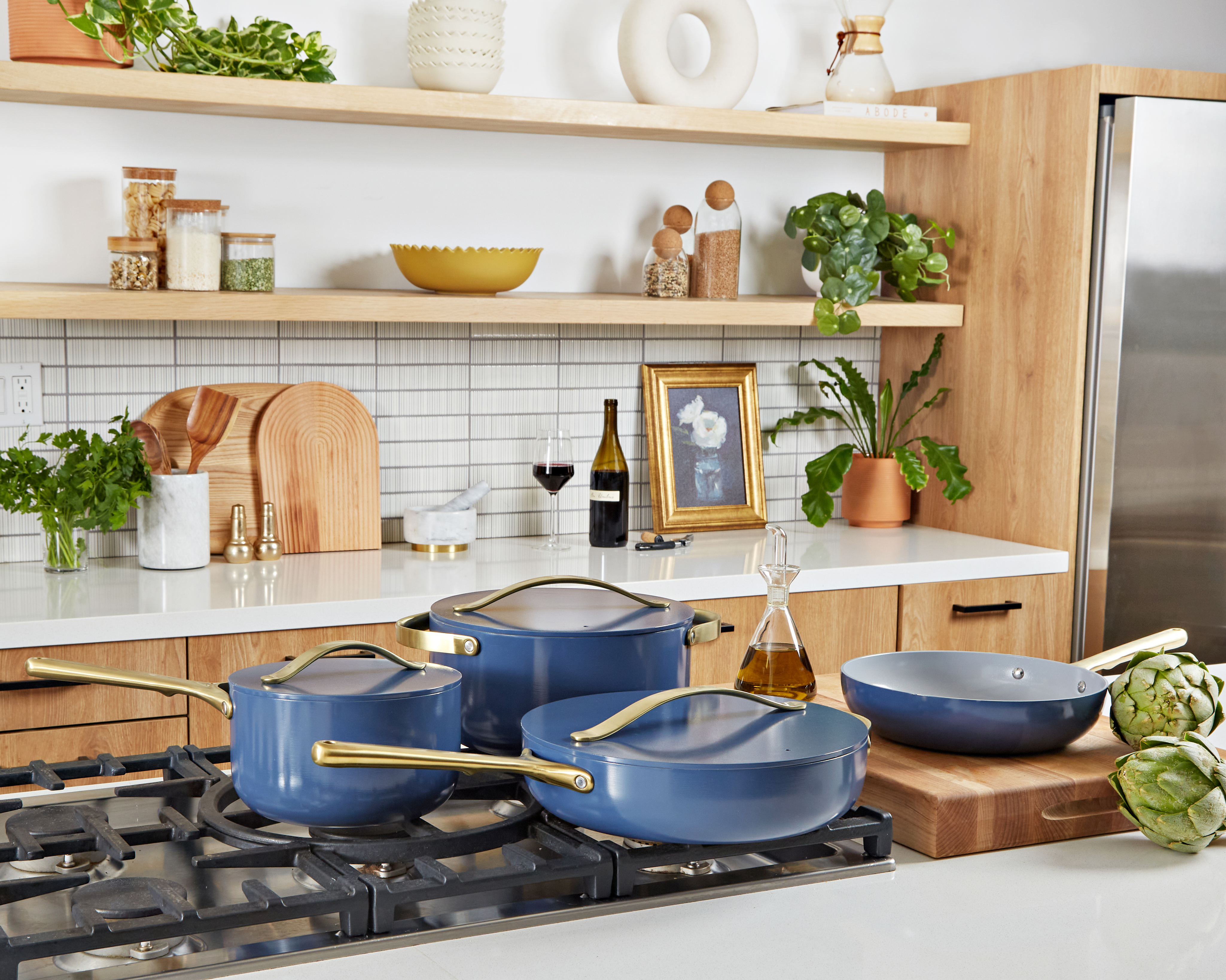 Caraway Non-Toxic and Non-Stick Cookware Set in White with Gold Handles