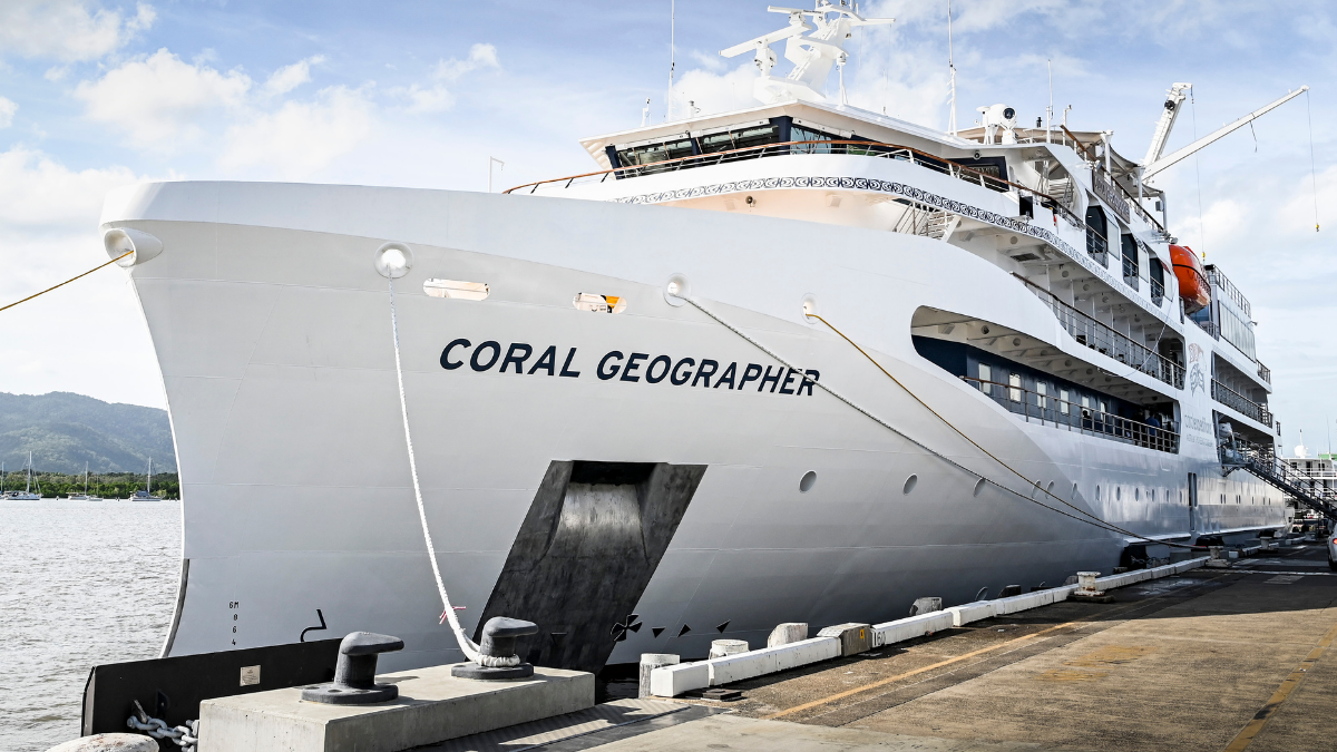 A Coral Expeditions vessel Coral Geographer tied up at dock