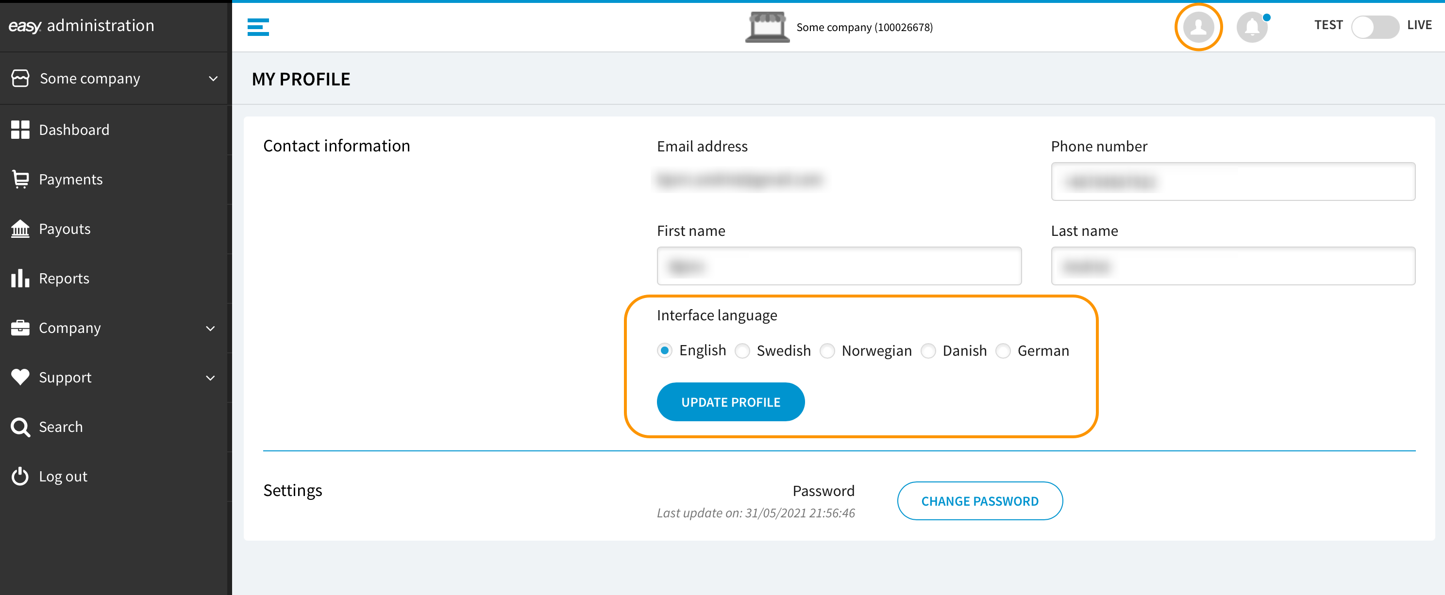 Easy Portal interface language