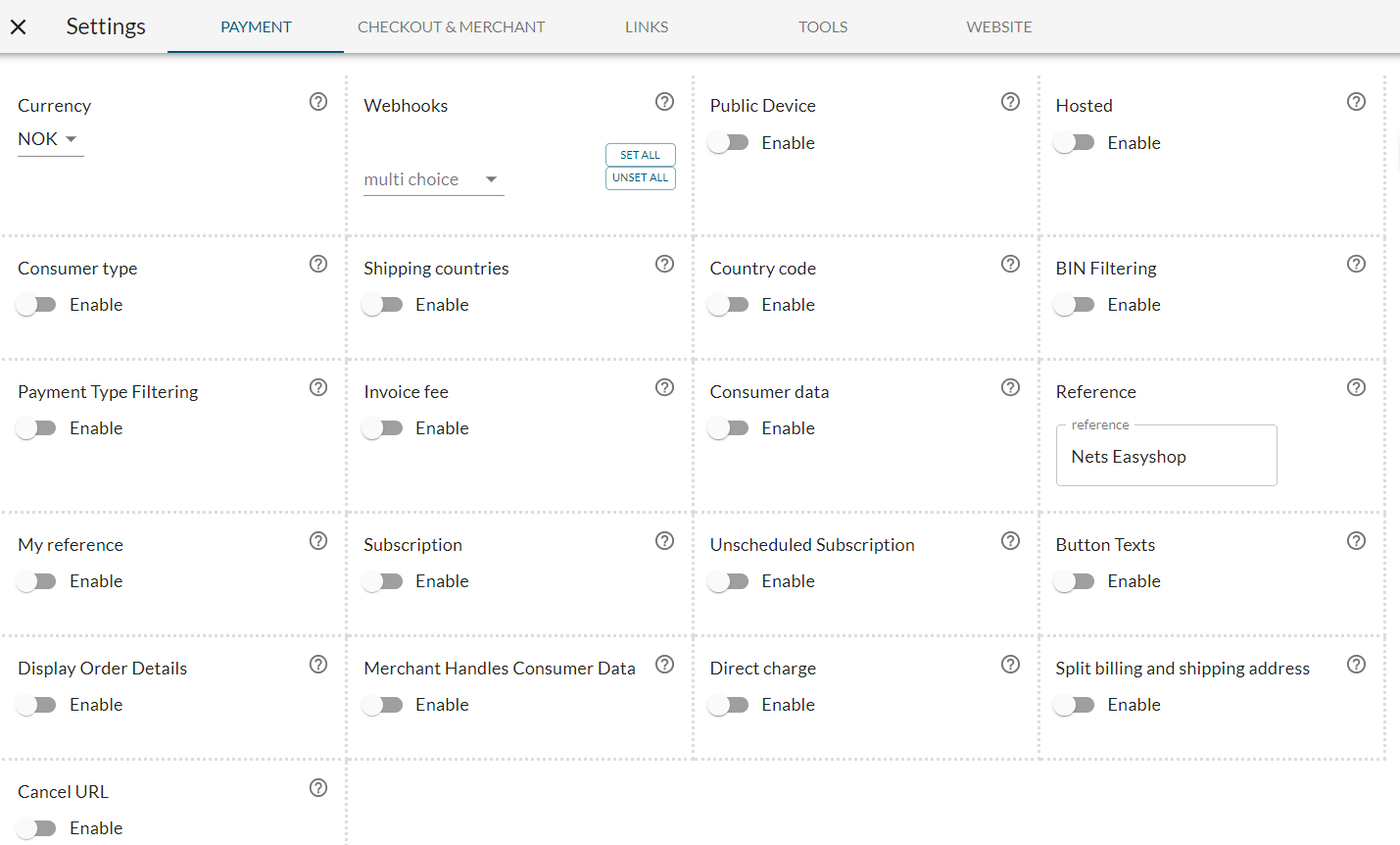 Settings payment view demo store