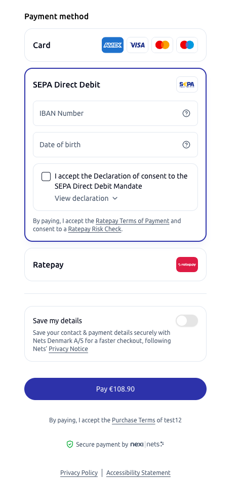 Sepa Direct Debit XO screen