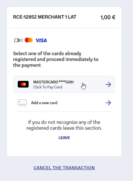 Selecting a card saved in the Click to Pay profile