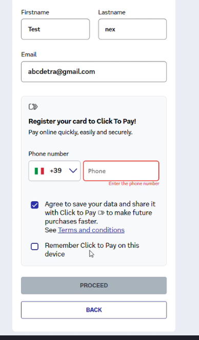 Card registration, phone number and Click to Pay options